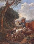 unknow artist A Young herder with cattle and goats in a landscape oil painting on canvas